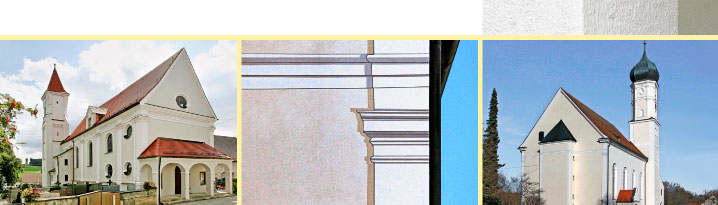 Kirche links, rein mineralisches system,  Bild in der Mitte mit plastischer Malerei (Graumalerei), Kirche rechts, rein mineralisches System